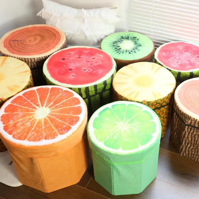 Folding Storage Organizer Ottoman Stool Cute 3D Fruit Velvet Children Toy Storage Box Footstool Seat Creative Fruits Pattern