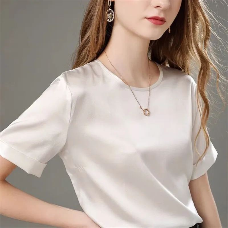  Women basic wild artificial silk Shirt Blusas Korean chiffon Tops Summer streetwear Short Sleeve casual solid Satin Blouse 