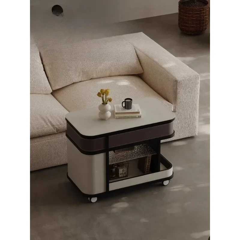 Italian multifunctional lifting sofa side table removable saddle leather living room trolley coffee table