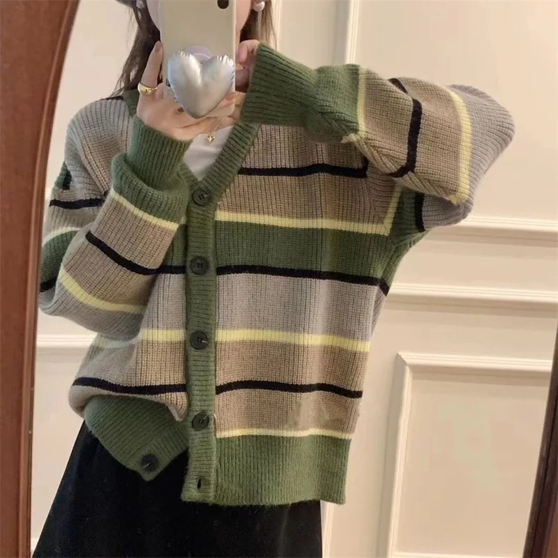 

V-Neck Japan Style Vintage Color Contrast Women Striped Sweater Autumn Winter Single-breasted Casual Versatile Knitted Cardigan