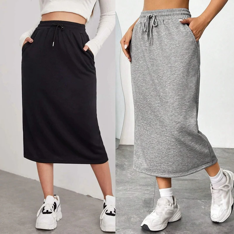 กระโปรงทรงเอเอวสูงสำหรับผู้หญิง มีกระเป๋าตกแต่ง สไตล์ลำลอง สีพื้น สำหรับฤดูใบไม้ร่วง