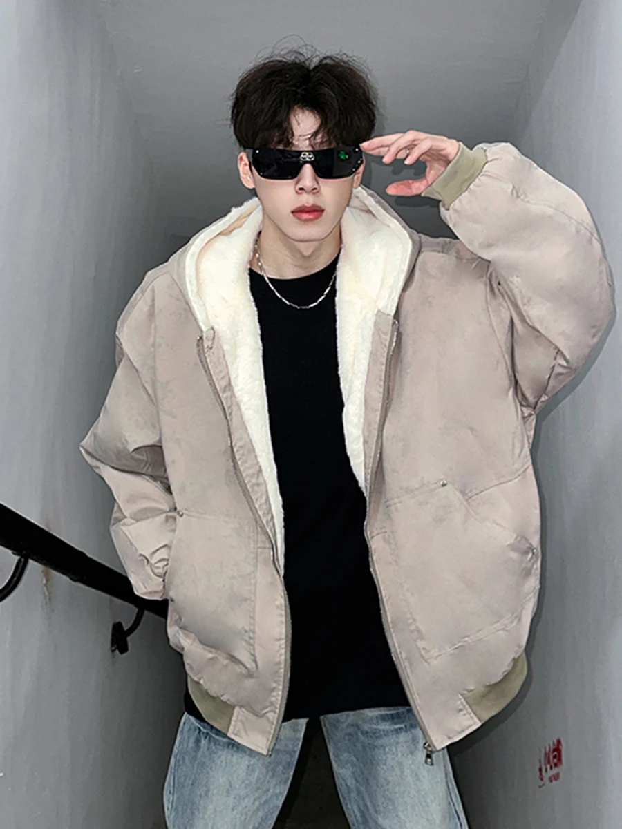 

Thiened Marble Base Mountain Eagle Hooded Cotton Jaet Men's Winter Warmth Bomber Coat with Fur Collar Youth Casual Sle