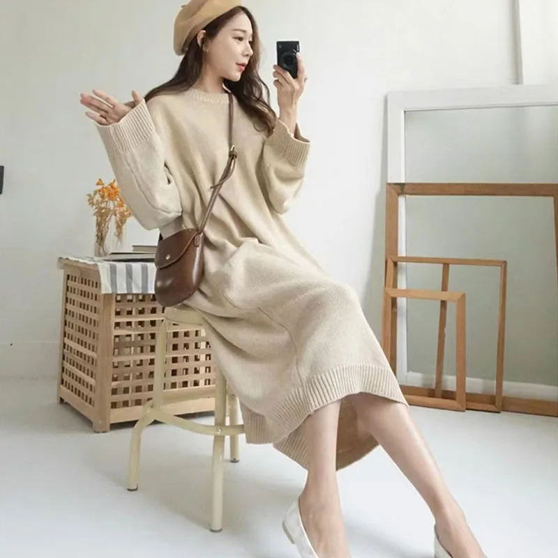 Sweater Dress Women Autumn Winter Knitted Warm Solid Loose Pullover Dress Midi Fashion Basic Casual Office Lady Skirt