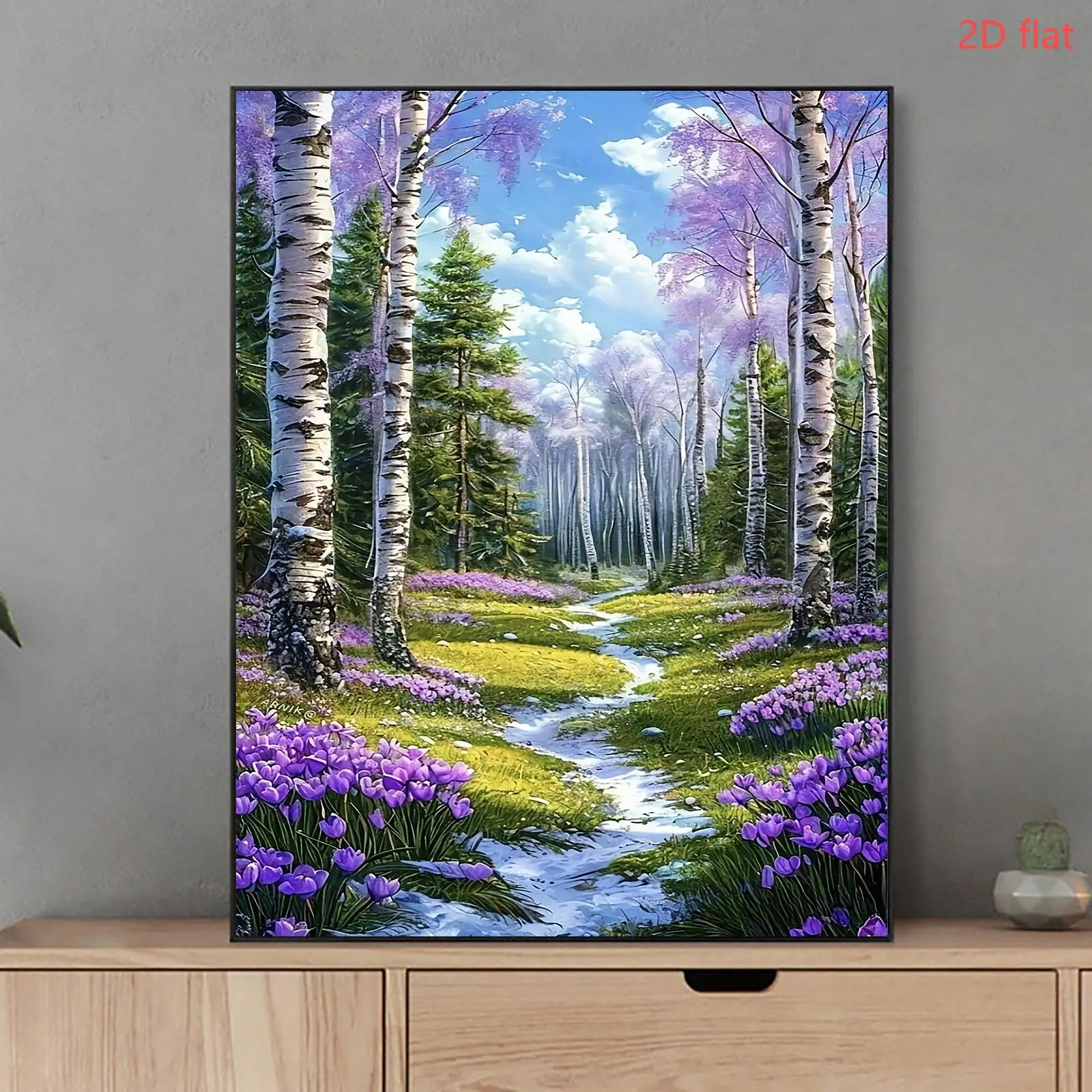 Professional Art Use: A Frameless Adult DIY Digital Oil Painting Kit Featuring a Dreamy Birch Forest with a Path of Blooming Flo
