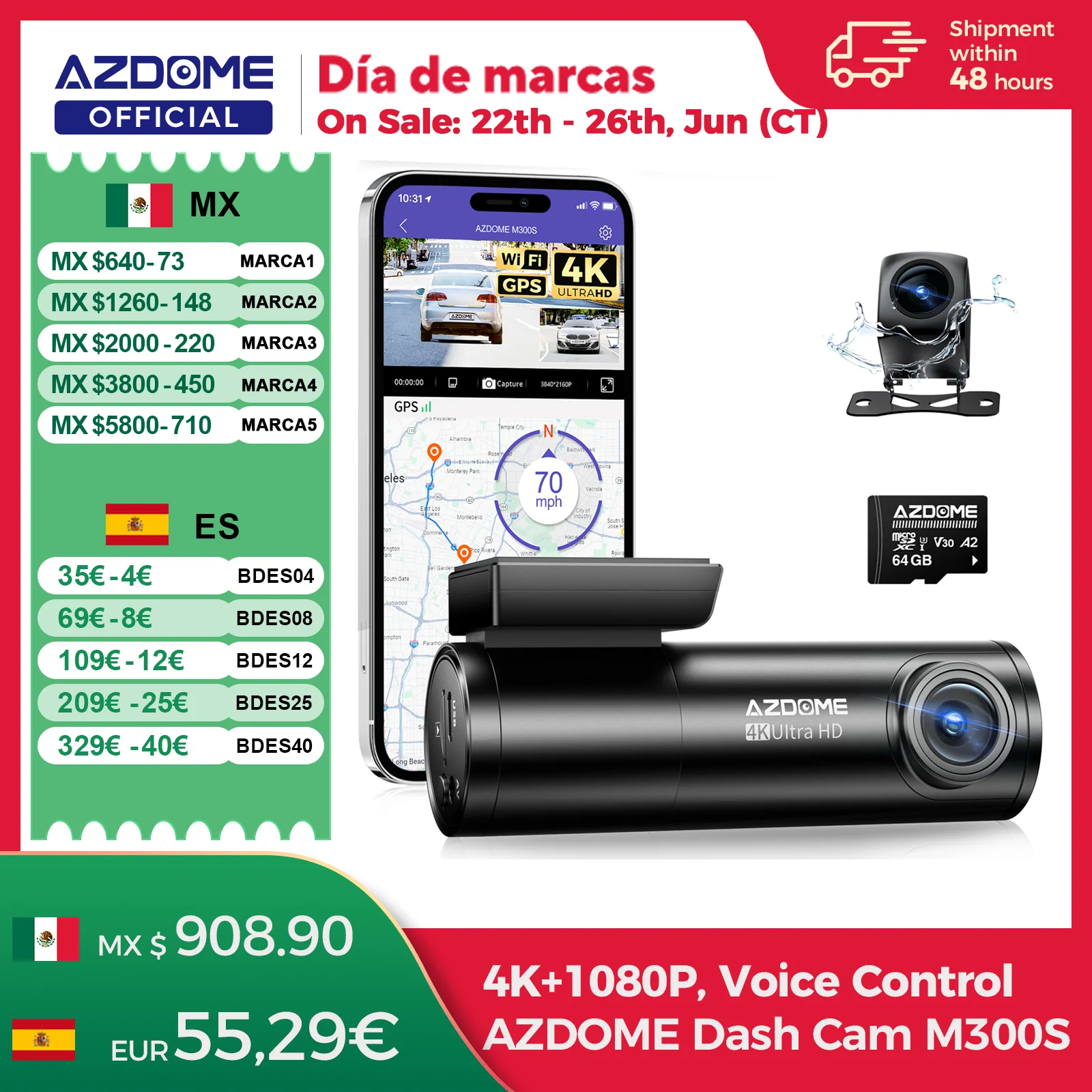 AZDOME M300S 4K Dash Cam Delantera y Trasera, Cámara de Salpicadero GPS WiFi ADAS incorporada para Coches, Tarjeta de 64 GB Gratuita, Control de Voz, Visio Nocturno