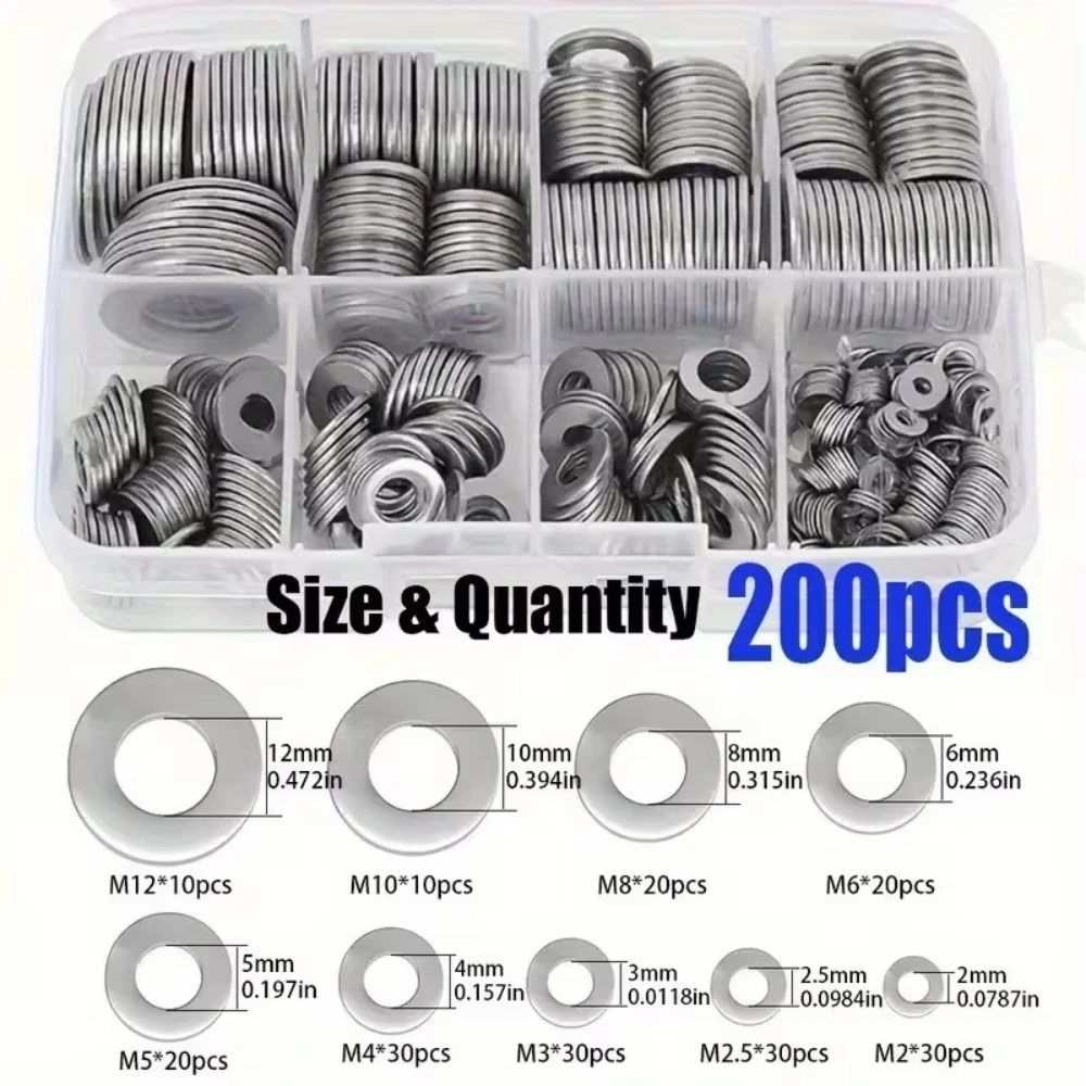 200pcs Hardware Flat Washer Tool Kit  (M2-M12) - Durable Polished Surface, erfectly Meets Industrial Repairs and Daily Needs