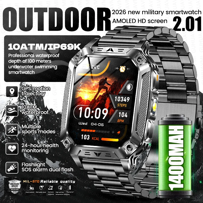 Nuevo reloj inteligente para hombre con batería mejorada de 1400 mAh, GPS, monitor de frecuencia cardíaca, linterna, llamadas por Bluetooth, resistencia al agua 10ATM, pantalla AMOLED HD.
