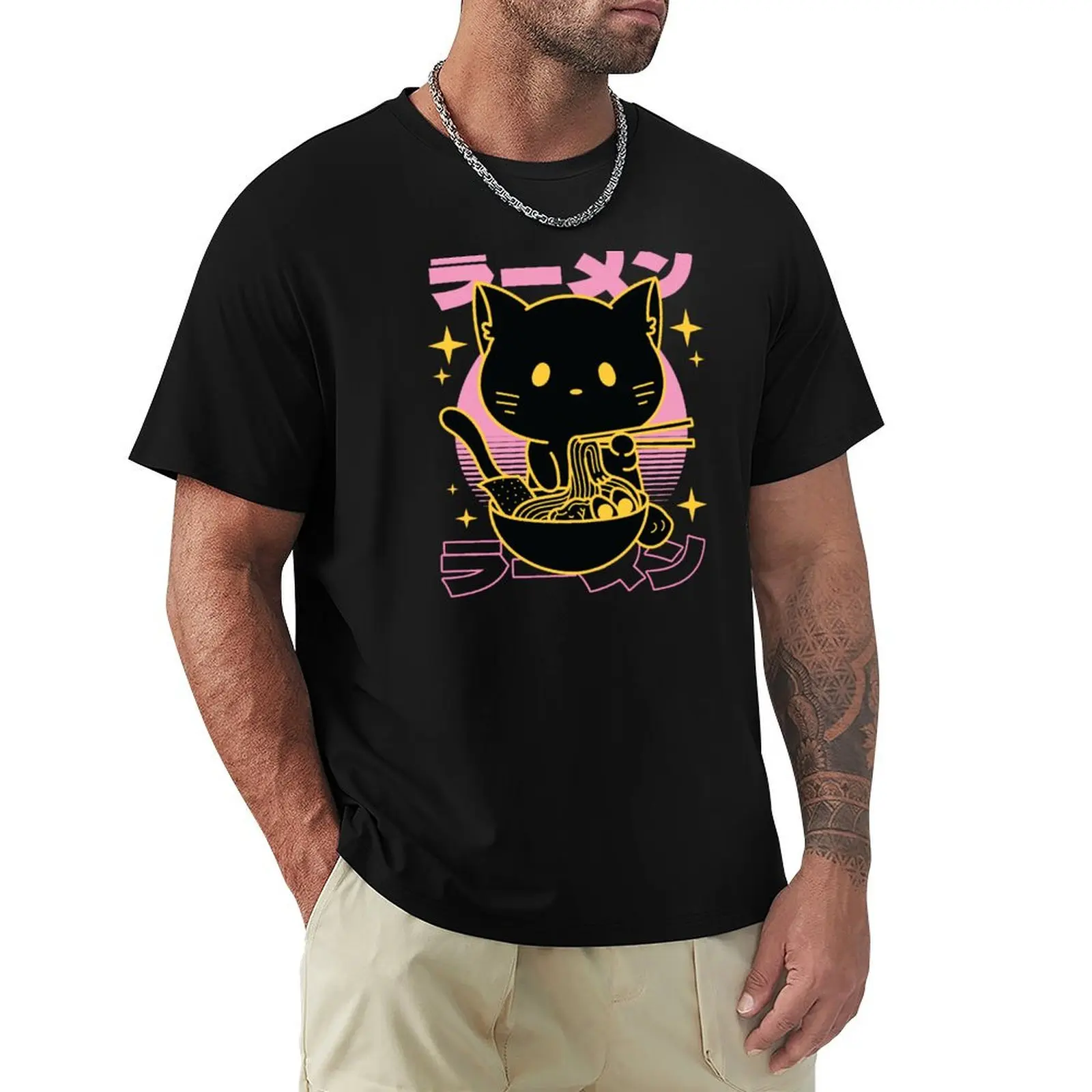 

Cat eats ramen noodles T-Shirt Everyday Wear Basic Short Sleeve Top