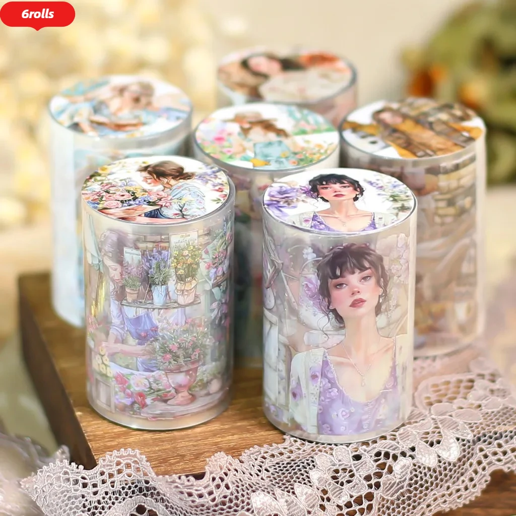 6rolls Junk Journal Girls Tape Sticker PET Karakter Tape Decoratieve Collage Journaling DIY Scrapbooking Versiering Stickers