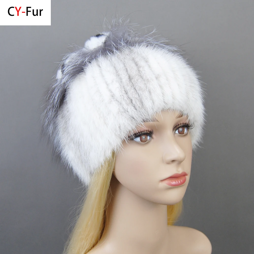 

Fashion Silver Fox Fur Mink Hair Fur Hats For Women Luxury Real Mink Caps Warm In The Winter Female Natural Mink Fur Beanies