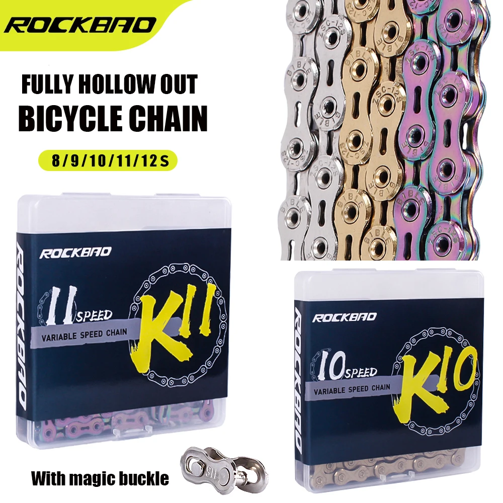 ROCKBAO Bicycle chain  8 9 10 11 12speed MTB Road bike carbon steel variable speed 116L hollow out chain full plating anti-rust