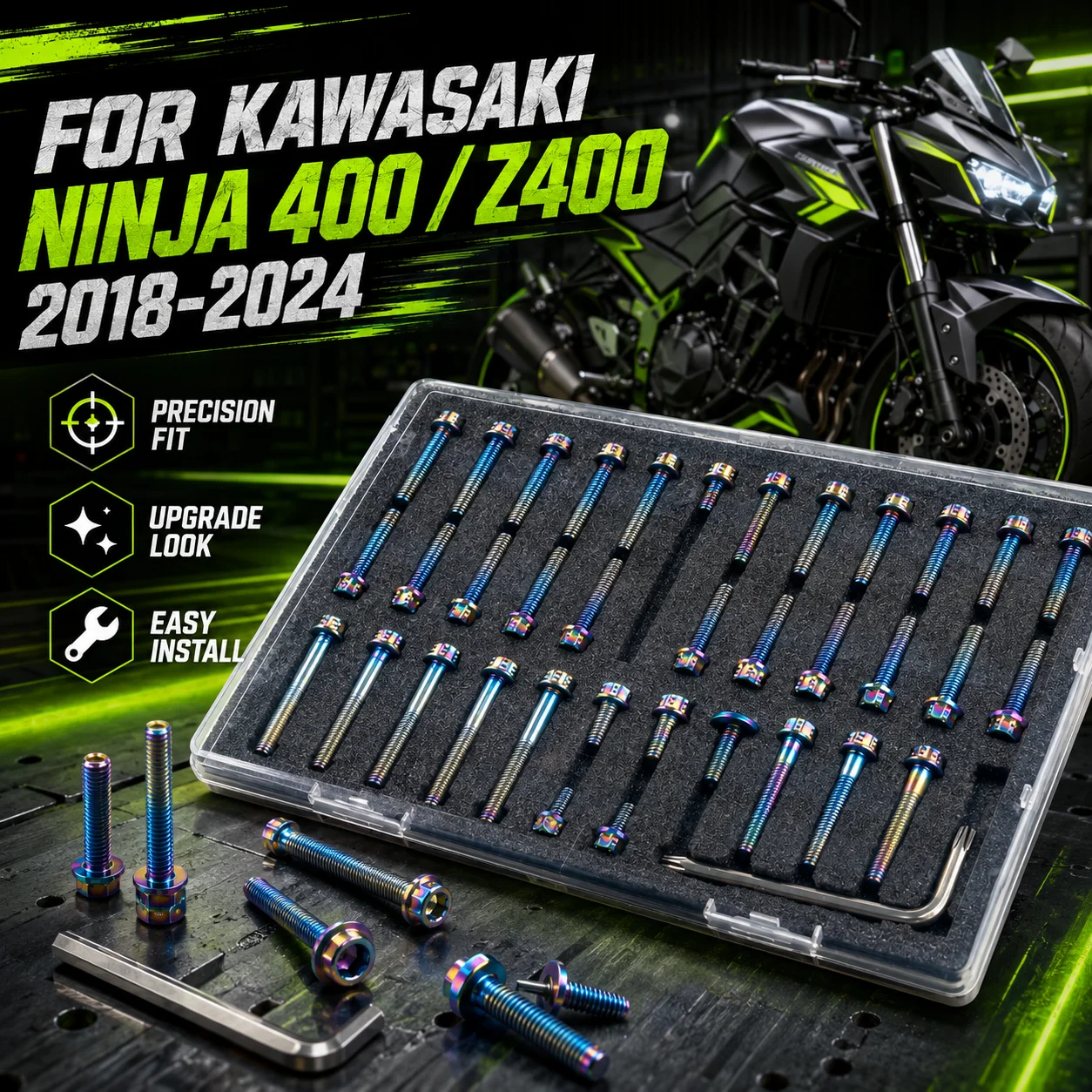 For Kawasaki Ninja 400 Z400 2018-2024 Motorcycle Engine Case Bolt Screw Set Colorful Stainless Steel Fastener Accessories Kit