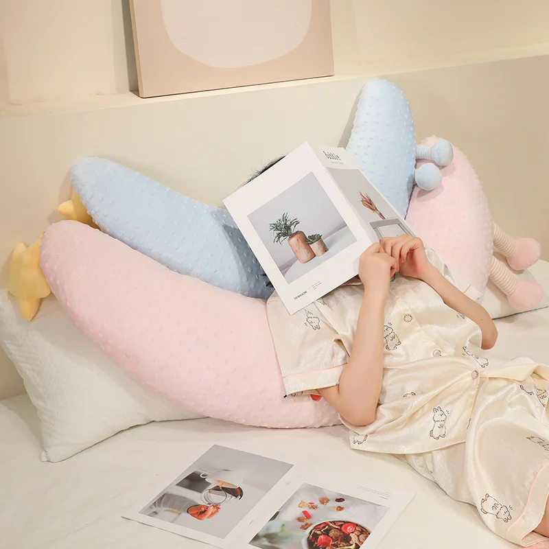 Cute Moon Shape Bubble Plush Body Pillow Soft Long Sleeping Hugging Pillow with Star Decor Home Sofa Decor Gift for Girls