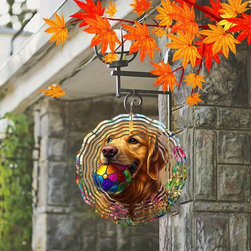 An aluminum 3D kinetic Golden Retriever dog wind spinner with a colorful stained glass style artwork hanging outdoors.