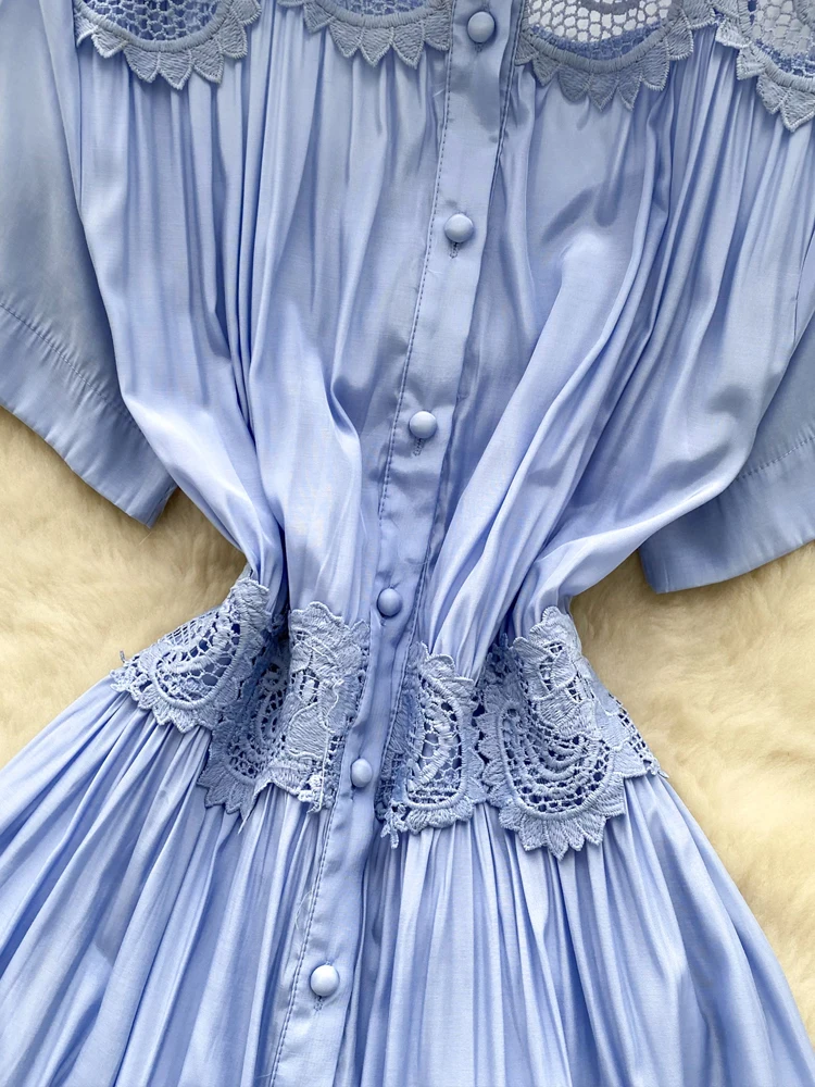 Fashion Hollow Out Lace Shirt Jurk Vrouwen 2025 Zomer Luxe Korte Mouw Vouw Midi Jurken Lady Vestidos Strand Inkeo 5D202
