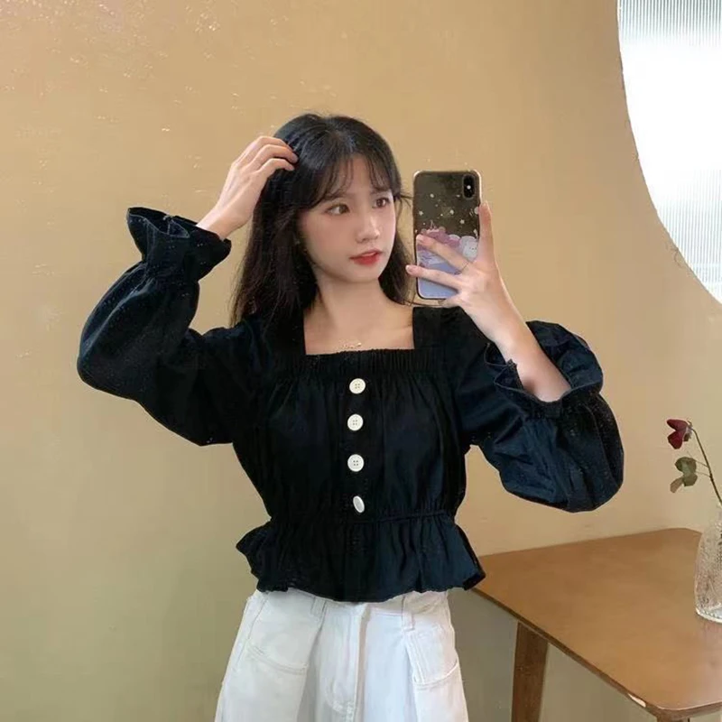 Y2K Women Solid Shirt Korean Sweet Folds Flare Long Sleeve Female Blouse Summer Fashion Square Collar All Match Ladies Crop Top