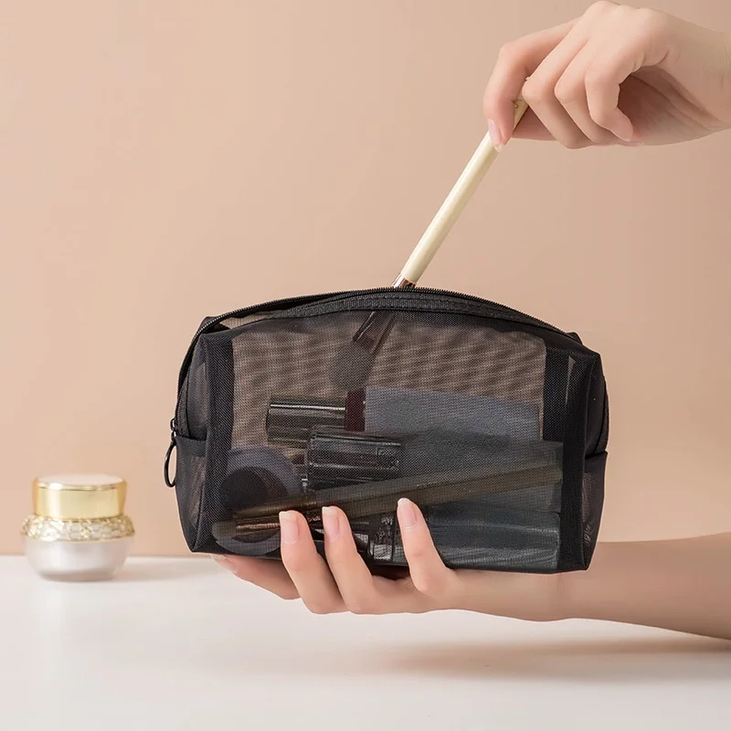 Fashion Black Dot Transparent Mesh Cosmetic Bag New Zipper Women Travel Toiletry Wash Makeup Bag Storage Case Make Up Bags