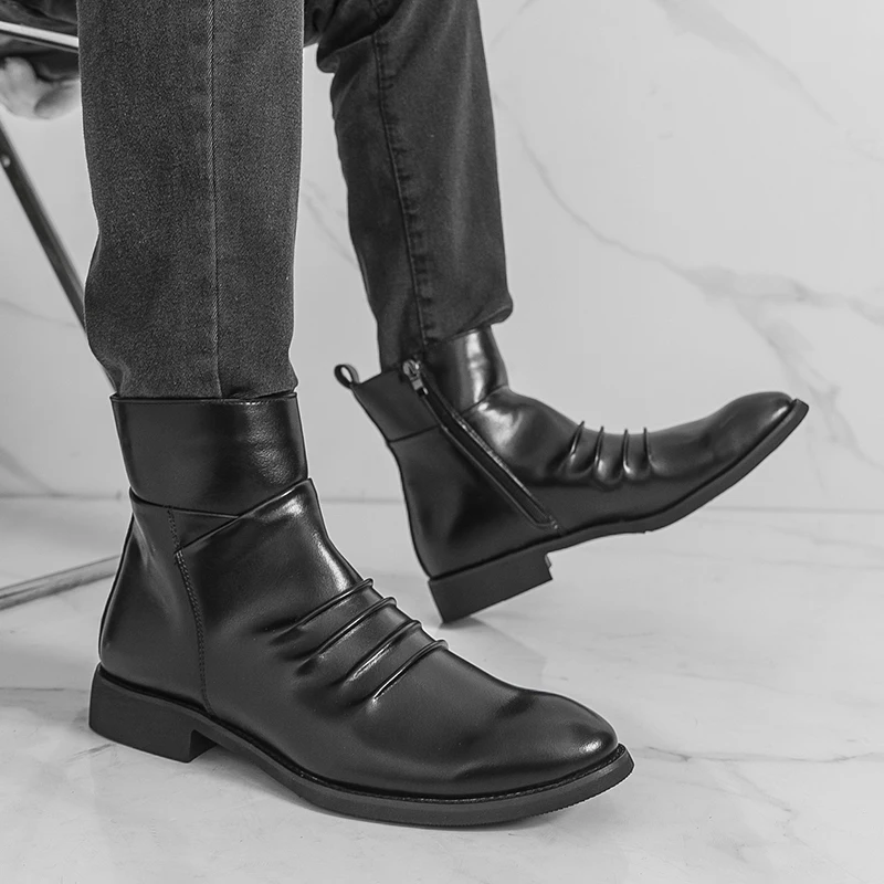 Men Pleated Microfiber Leather Ankle Boots Side Zipper Formal Business Dress Short Boots Big Size Male Daily Party Fashion Shoes
