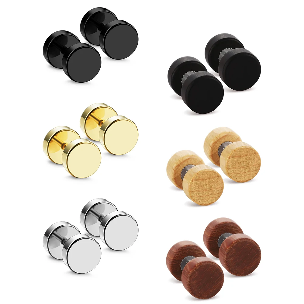 1 Pairs Stainless Steel Wood Stud Earrings for Men Women Ear Piercing Ear Plugs Tunnel Fake Gauge Earrings 16G 6/8/10/12mm