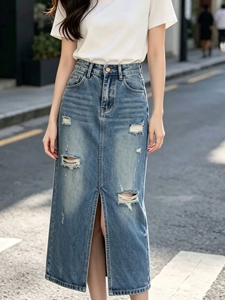 High Waist A-Line Midi Denim Skirt for Women Loose Fit Washed out Vintage American Style Half-length Skirts with Slits
