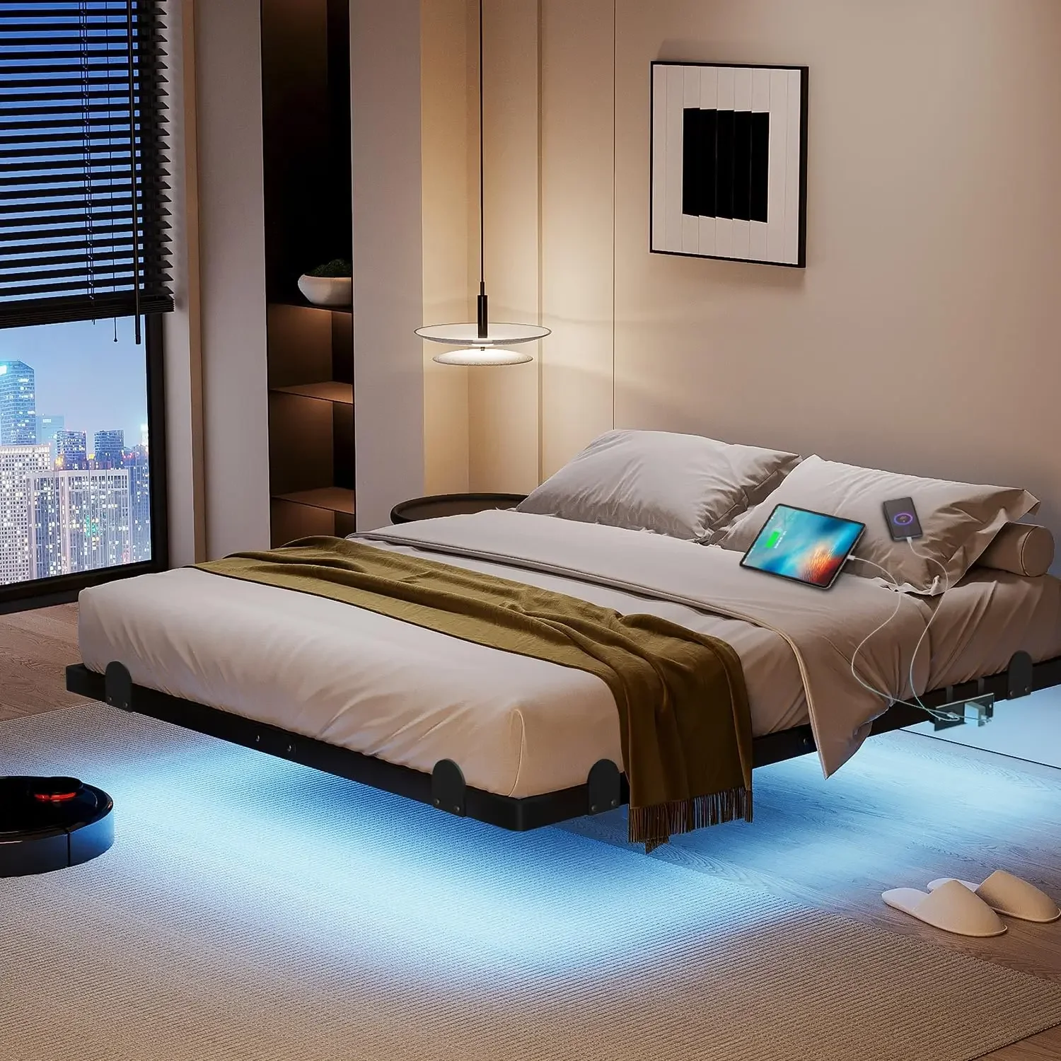 BestsellerFloating Queen Bed Frame, 14 Inch Metal Platform Bed with Smart LED Lights & Charging Station, Easy Assembly, No Box S