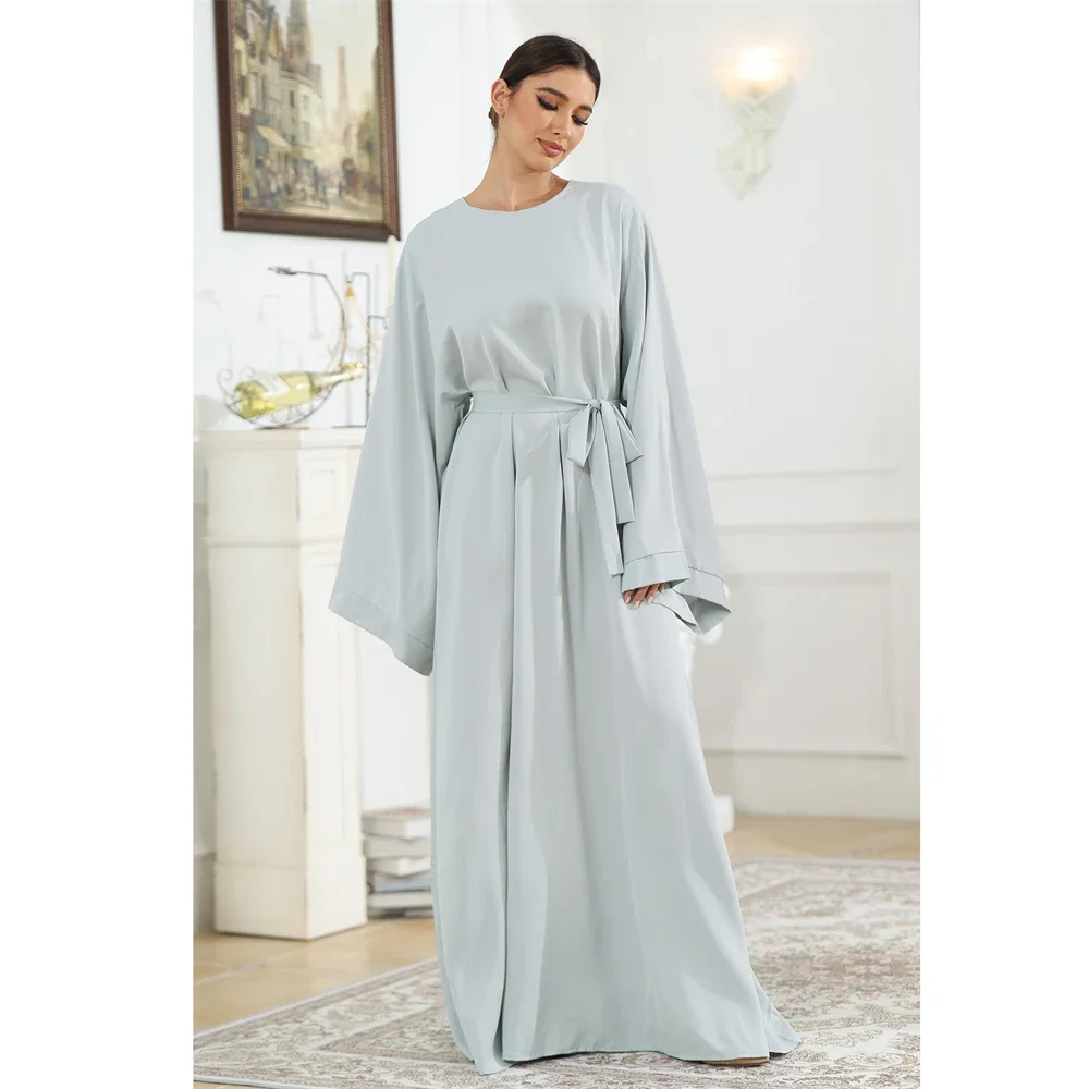 2025 New Muslim Dress Abaya Flare Sleeve Islam Clothing Abaya Women Dubai Kaftan Turkish Modesty Robe Plain Belted Dress Ramadan