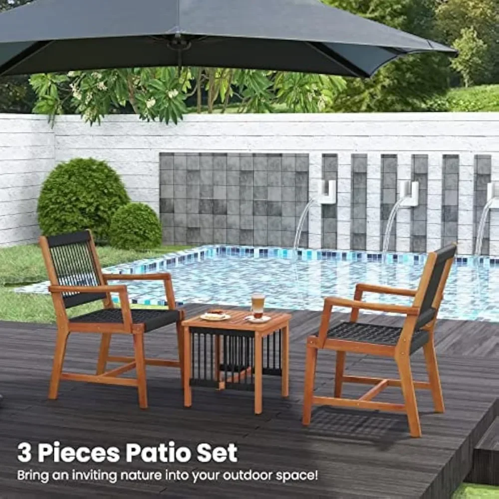 3 Stuks Patio Conversatie Set Acacia Houten Bistro Set, Touw Geweven Stoel & Tafelset Met Ergonomische Rugleuning En Armleuningen