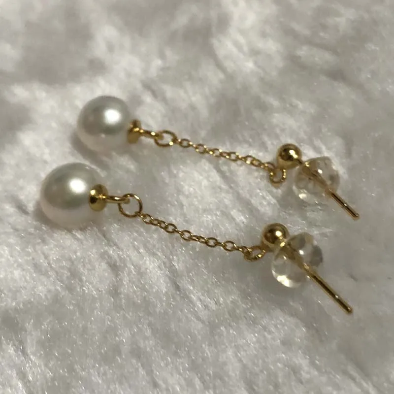 ELEISPL JEWELRY Lots 5 Pairs 7-8mm Round FW Pearl Dangle Earrings Gold Chain  #2300132－1