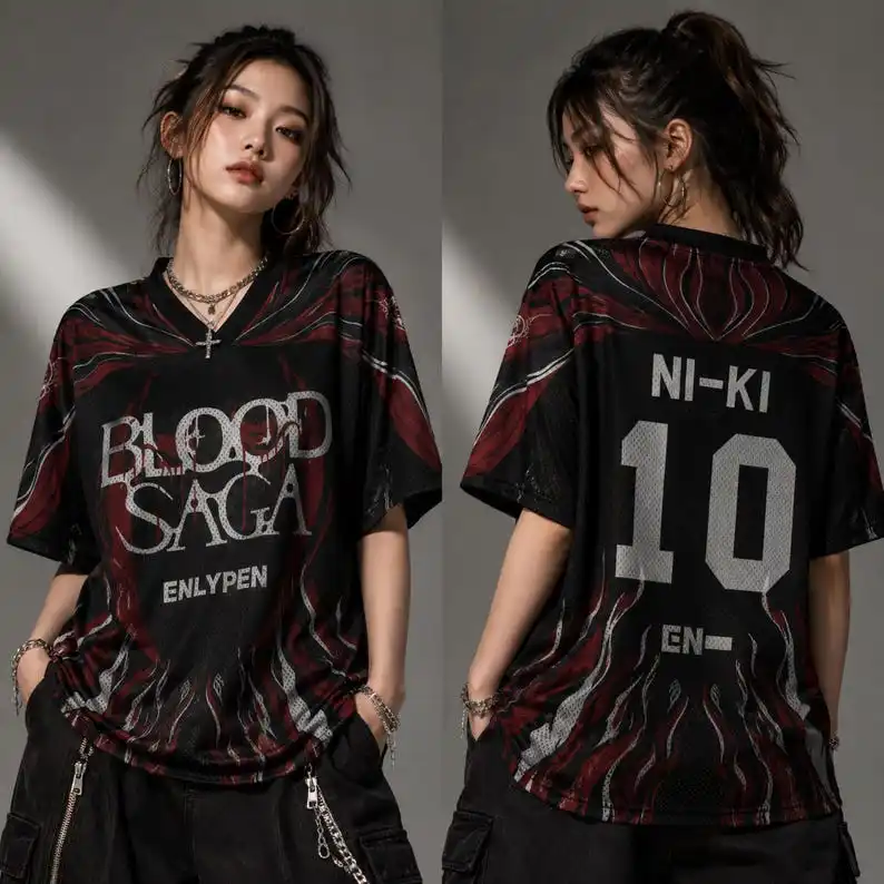 Sommer ENHYPEN NI-KI 10 Blood Saga Flame Jersey, Y2K Oversized Mesh-T-Shirt, Familien-Matching-Outfit für Sport, Street Fashion Wear