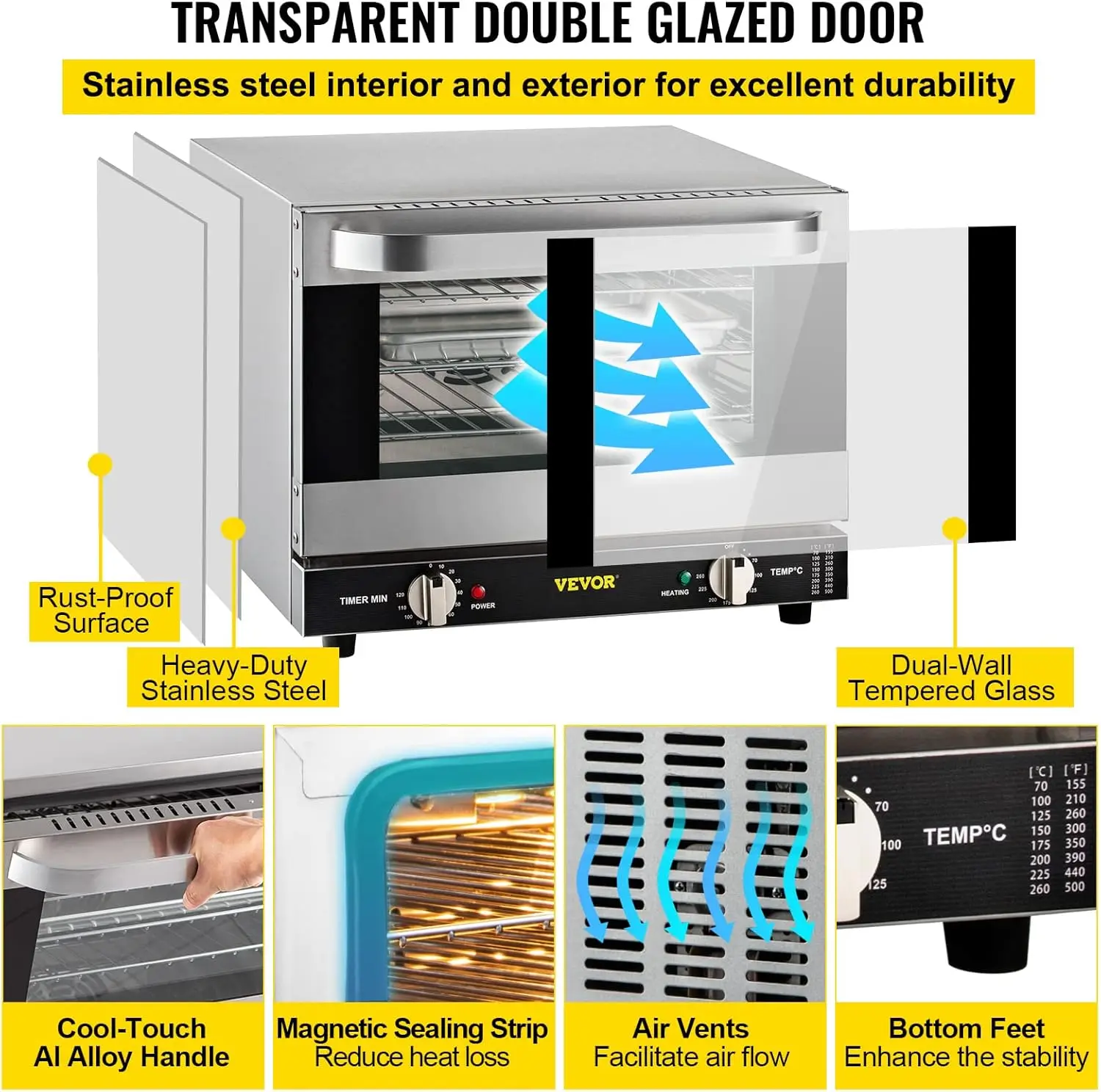 Convection Oven, 21L/19Qt, Quarter-Size Conventional Oven  , 1440W 3-Tier Toaster w/Front Glass Door,