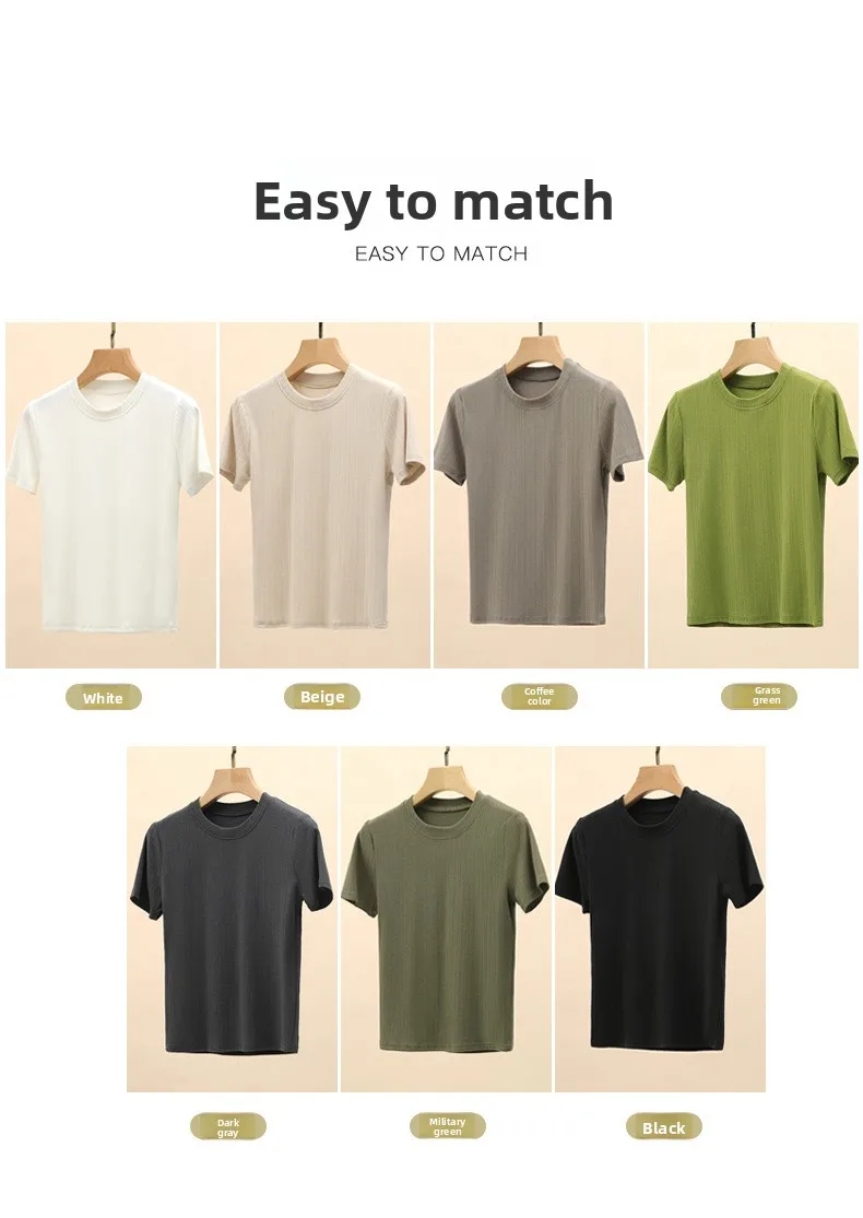 Sommerliches neues Damen-Rundhals-T-Shirt, gestricktes Kurzarm-Oberteil, lässiges Allround-T-Shirt, gestreiftes Basic-Shirt, schmal geschnitten, atmungsaktiv – Detail 11