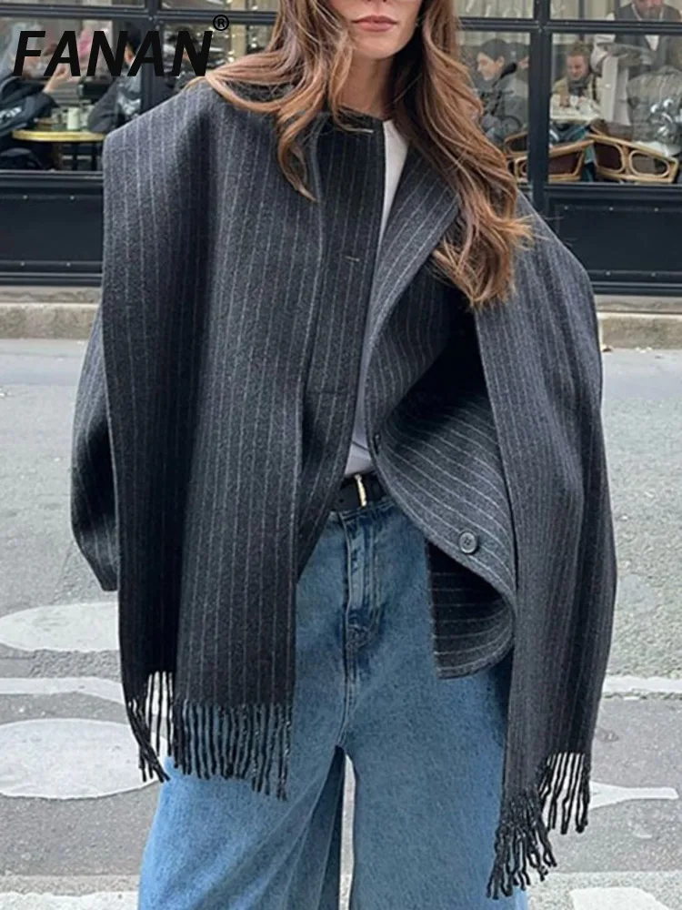 FANAN Chic Scarf Collar Stripes Lady Suit Jacket Elegant Long Sleeve Single Breasted Coat 2025 New Fall Woman Commuter Outerwear