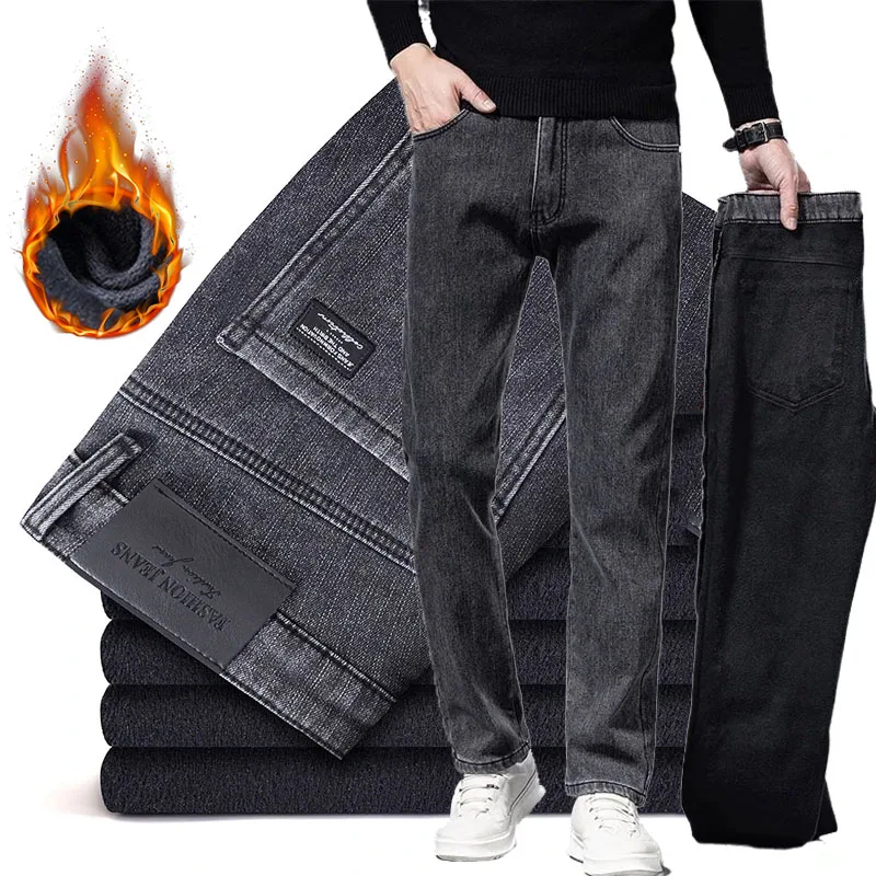 الرجال الحراري الصوف الجينز الشتاء بسط سليم مستقيم الساق الدافئة سراويل جينز اليومية عادية الأعمال تنوعا ملابس خارجية السراويل #1