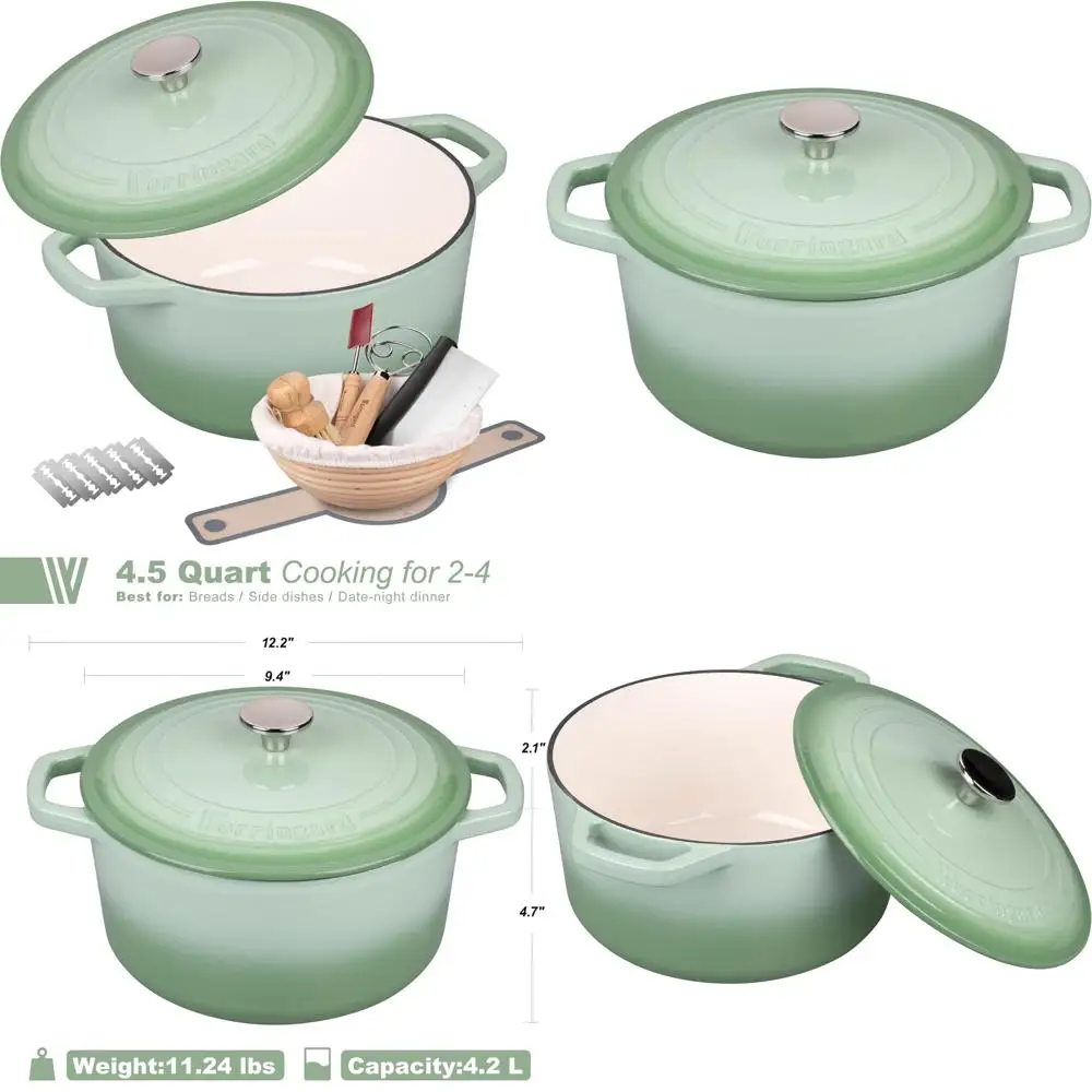 

Круглая эмалированная чугунная голландская духовка с крышкой для выпечки хлеба, включая стартовый набор для приготовления на ударе, 4,5 литра