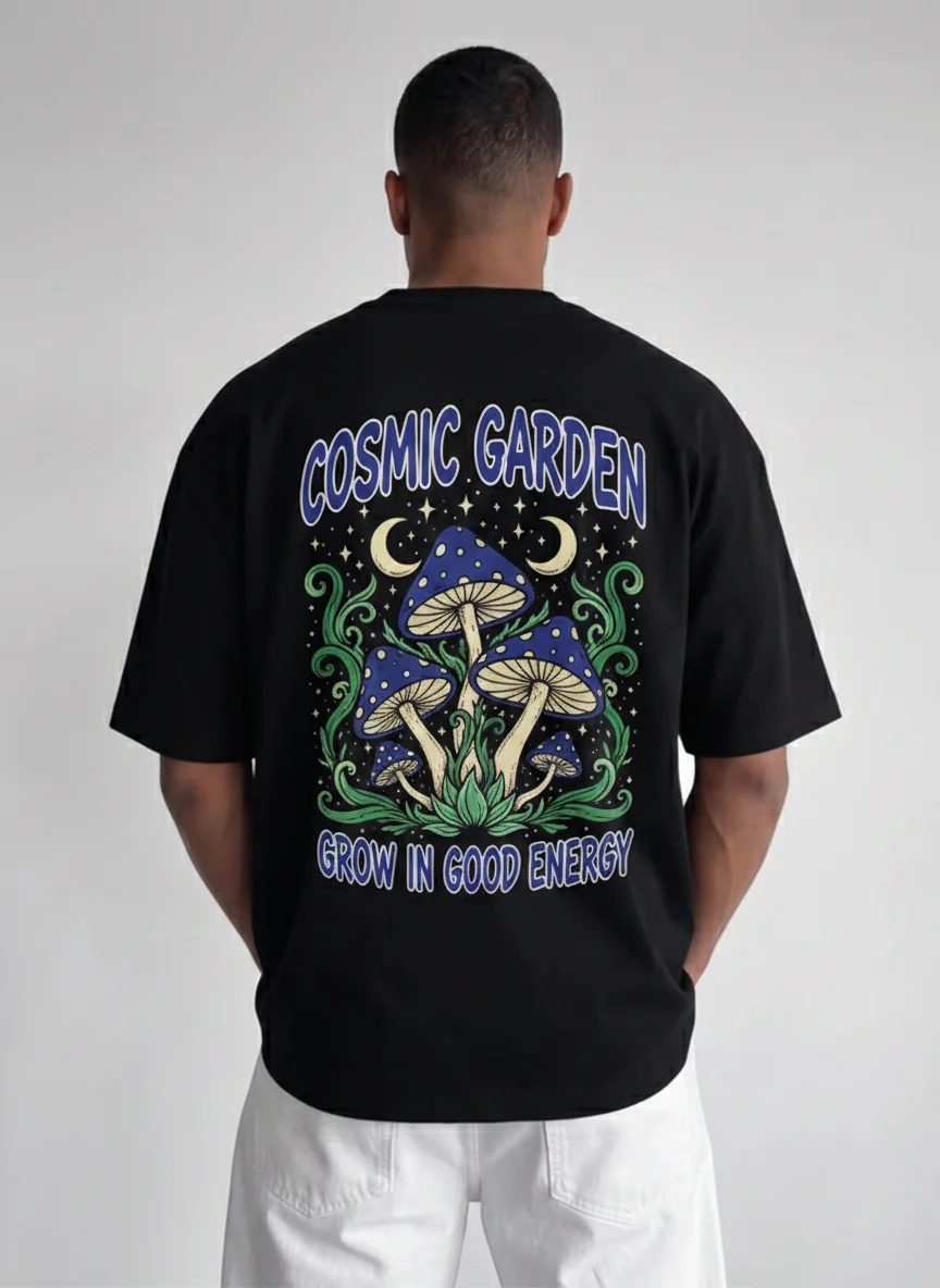 

Cosmic Garden Mushroom Graphic Tee Psychedelic Printed Tee with Blue Mushrooms Moon Stars Vintage Illustration Unisex Top