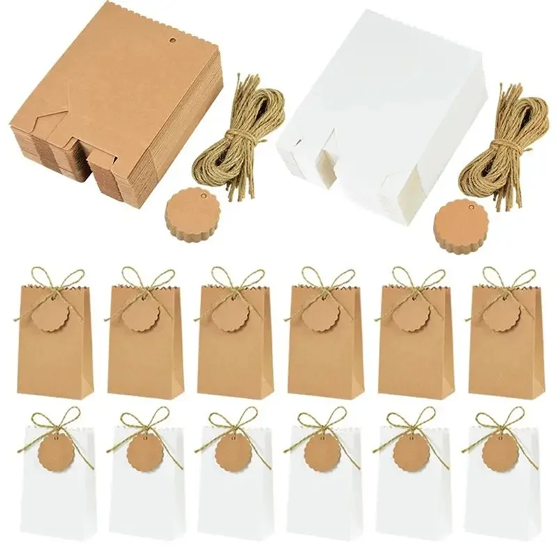 

A29M-50Set Kraft Paper Gift Box With Rope Retro Candy Cookie Bag Wedding Birthday Party Supplies Christmas Gift Packaging