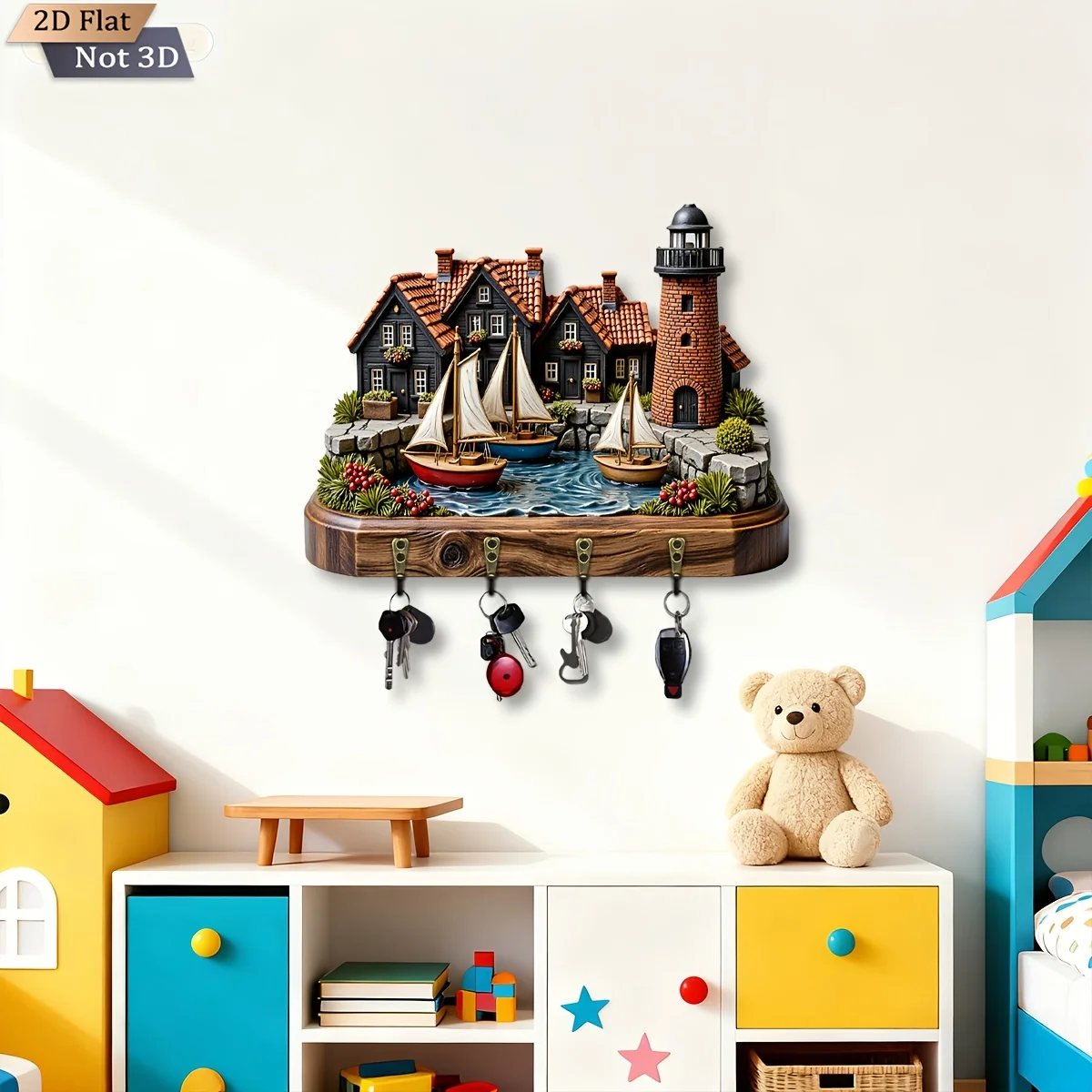 2D Flat, 1pc, Nautical Lighthouse Cabin Theme Key Hook, Wooden Multifunctional Home Key Rack, with Four Metal Hooks, Wall