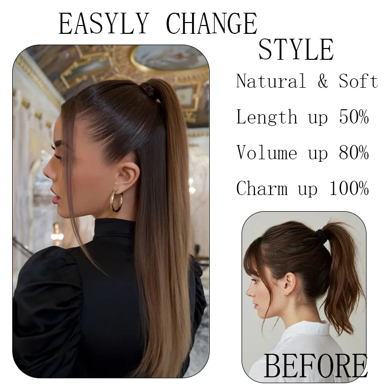 وصلة ذيل حصان صناعية سوداء طويلة ومستقيمة ومتعددة الاستخدامات مع ربطة شعر - ذيل حصان فقاعي مضفر DIY للنساء