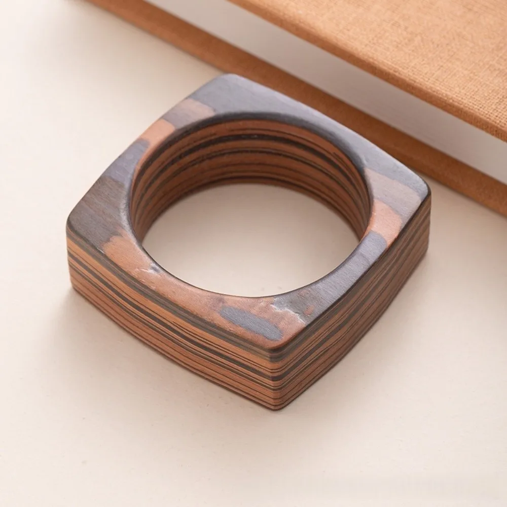 Fashion Geometric Wooden Bracelet Square Round Wood Grain Bangle Stripe Fashion Burlywood Hand Ring Gift