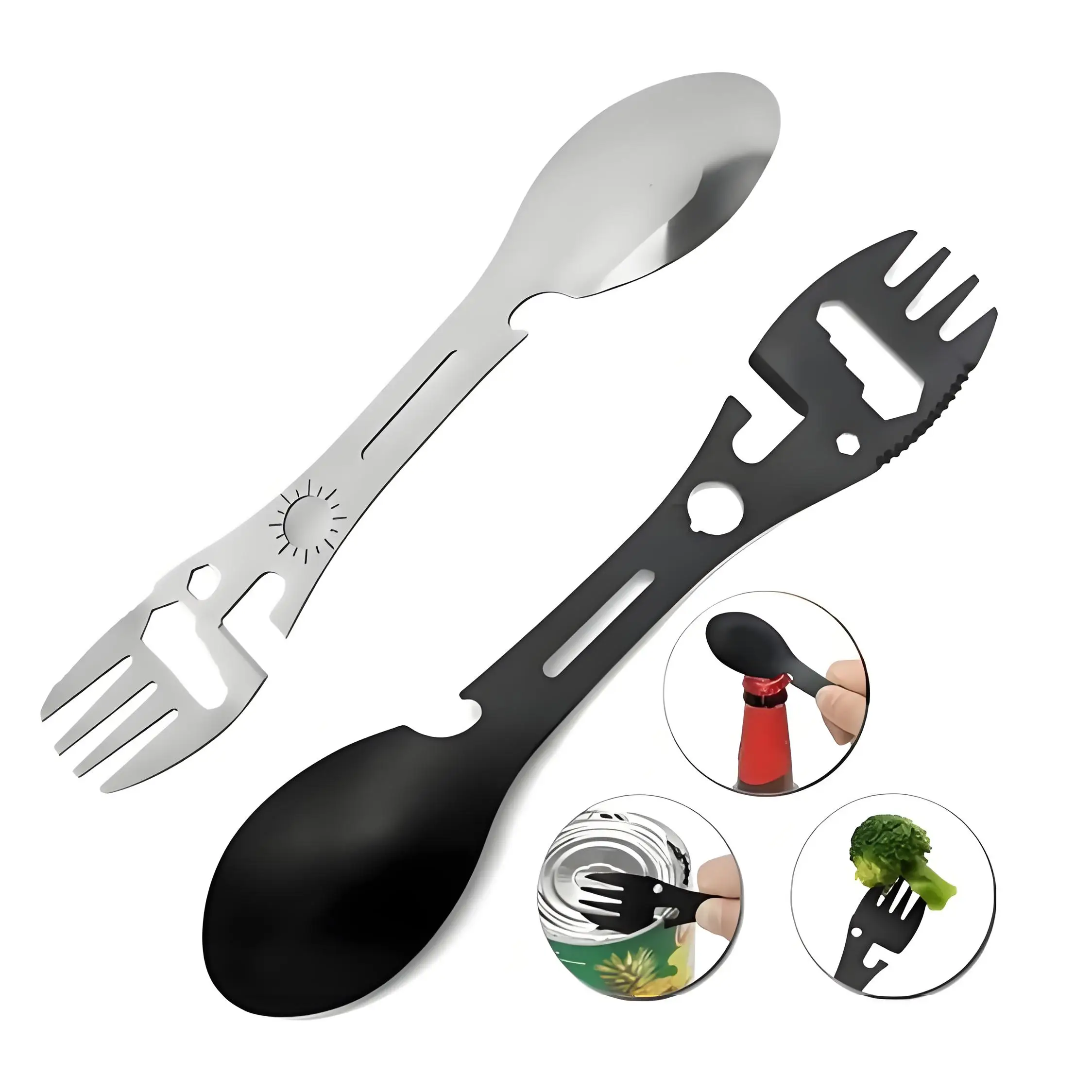 Tenedor para exteriores, cuchara, herramienta versátil para acampar al aire libre, tenedor ligero, cuchara, abridor de botellas para supervivencia, utilidad táctica para facilitar
