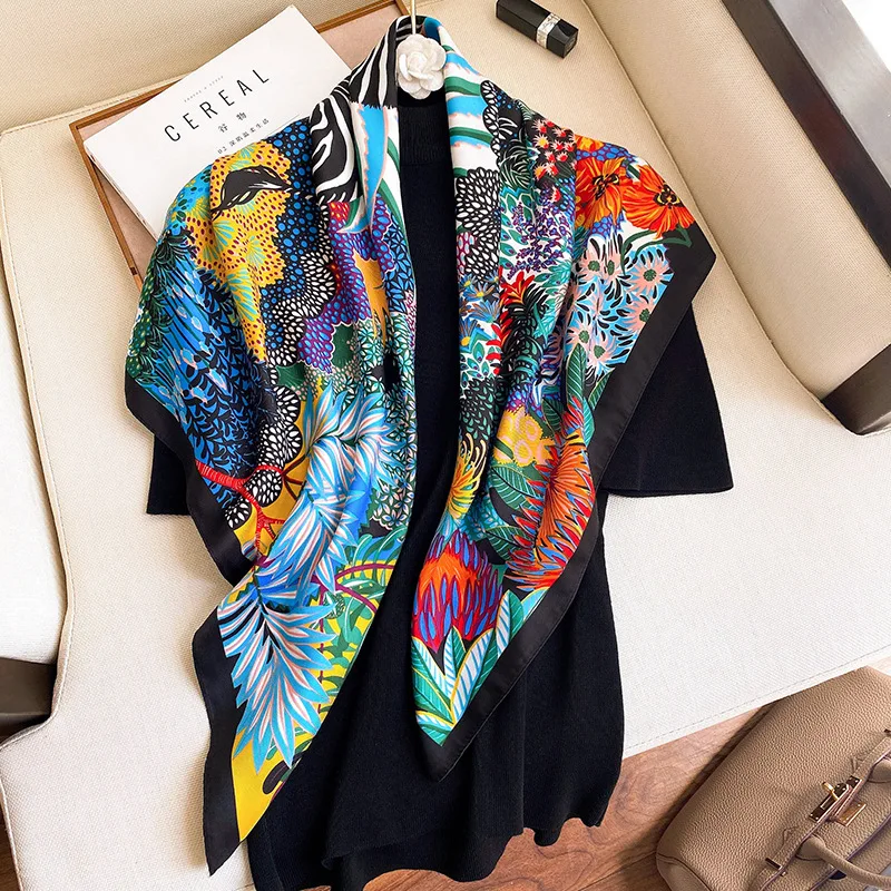 2024 90*90cm spring autumn women luxury silk new printing scarves tourism seaside large size muffler fashion sunscreen shawl