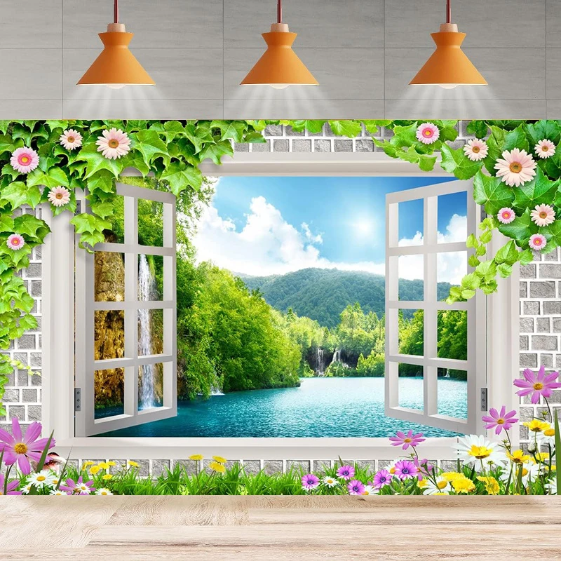 Window View Mountains Photography Backdrop Flowers Nature Waterfall Scenery Birthday Background Home Party Backdrop Wall Banner