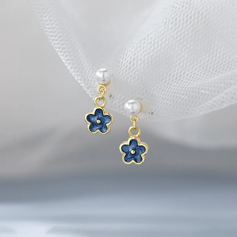 Real 925 Sterling Silver Pearl 14K Gold Blue Flower Pendant Stud Earrings For Women Cute Fine Jewelry Light Luxury Accessories view 5