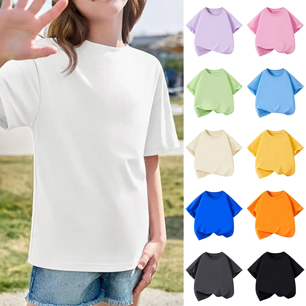 

Girls Boys Short Sleeve T Shirts Kids Pure Cotton Summer Oversized Tops Children Teens Solid Casual Crewneck Basic Tees 3-14Y
