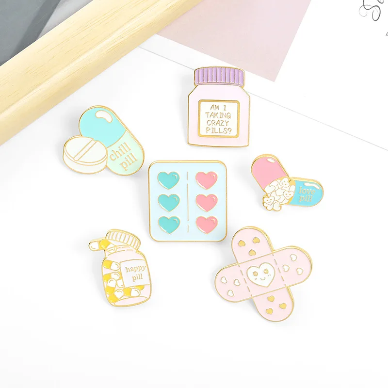 Healing Enamel Pins Custom  Band Aid Love Happy Crazy Pill Brooch Lapel Badge Bag Cartoon Jewelry Gift for Kids Friends