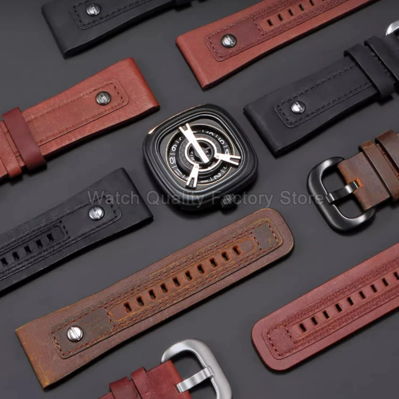 Tough Wear Resistant Cowhide Watch Strap 28mm for SevenFriday P2 M02 M3 S2 Flat Interface Rivet Decorated Vintage Comfortable