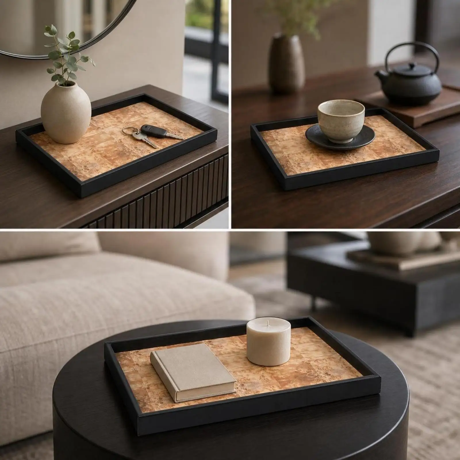 Elegant Wood Serving Tray with Mottled Pattern for Carrying Cups and Styling Coffee Table Decor