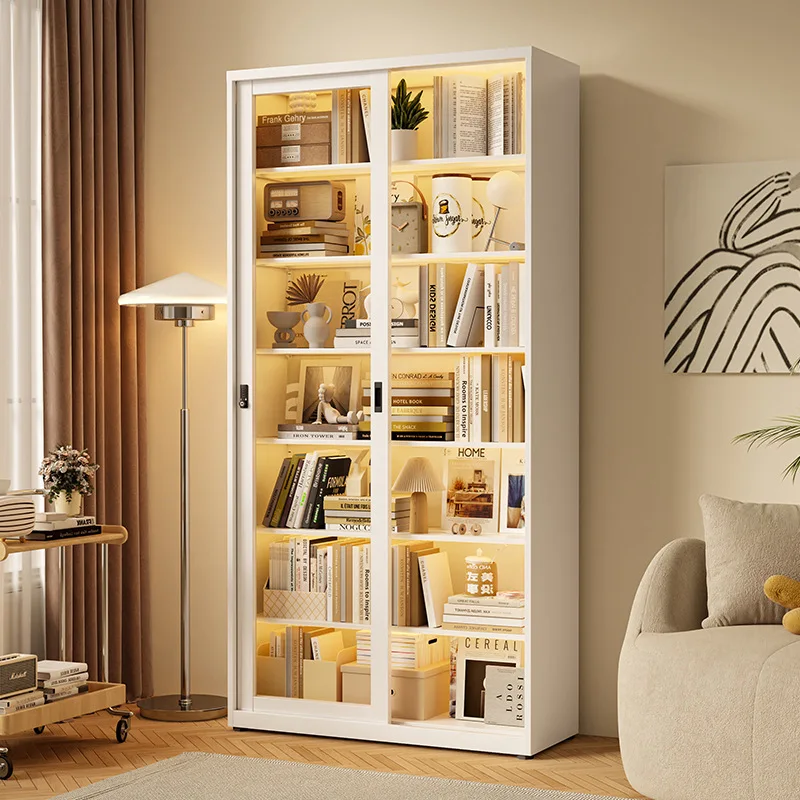 Household tempered glass sliding door bookcase, living room display cabinet with lock