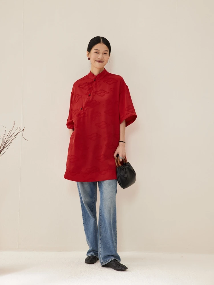 

TAORAN Red Silk Satin Floral Embroidery Women's irt Button up Loose Fit Summer Faionable Chinese Ethnic Sle Top