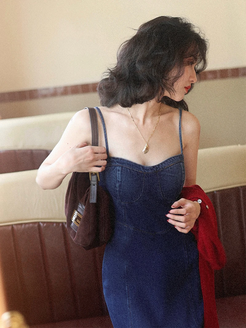 

Retro Style Women's Slim Fit Denim Halter Dress High Waist A-Line Midi Dress with Side Slits Cotton Lyocell Polyester Blend
